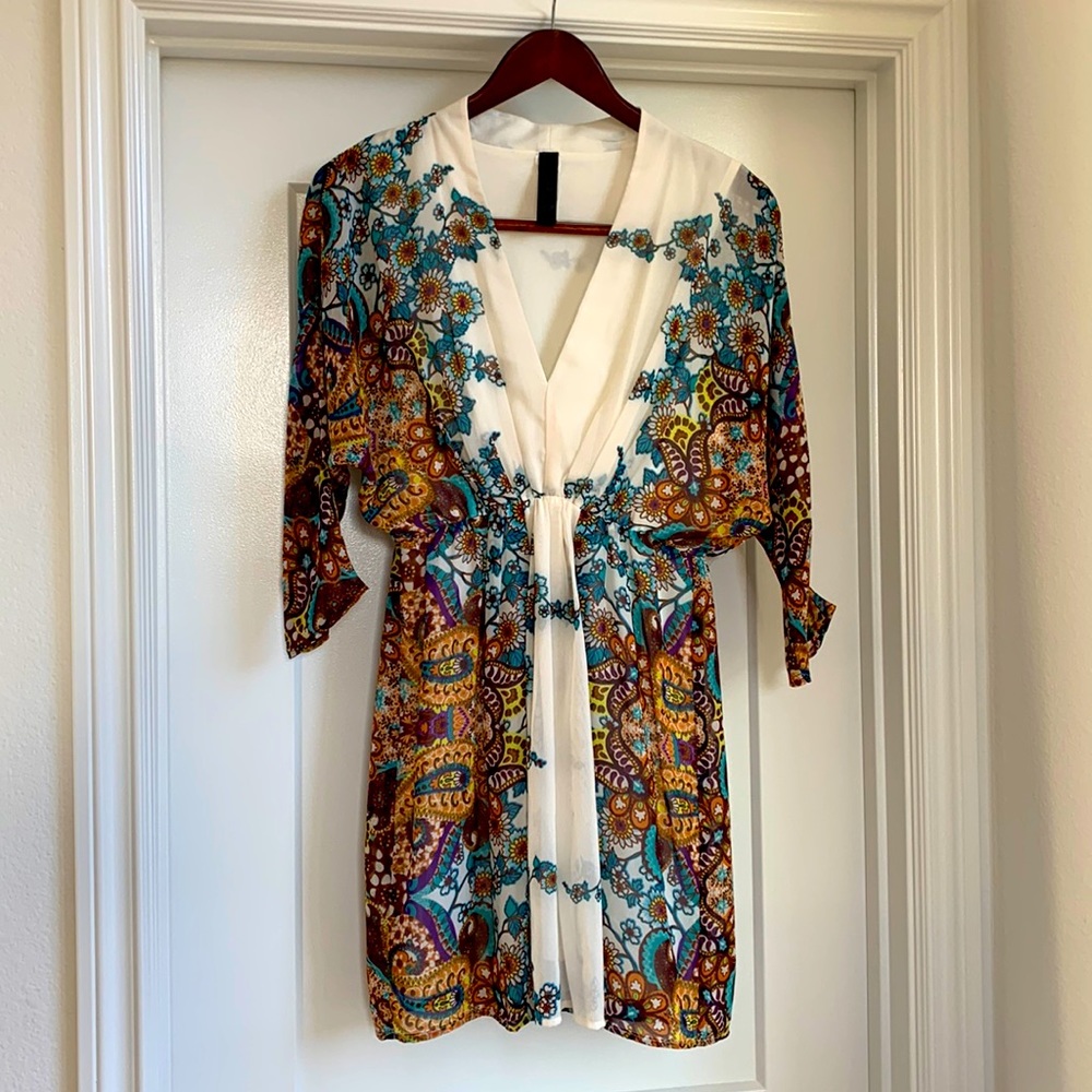 Bohemian Quarter Sleeve Deep V Mini Dress